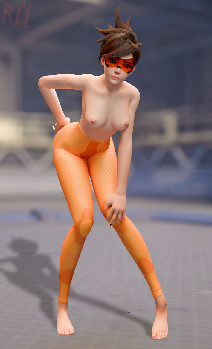 3d, barefoot, blizzard entertainment, feet, female, looking at viewer, overwatch, overwatch 2, rly, skin tight, tagme, topless, topless female, tracer, tracer (overwatch 2 suit)