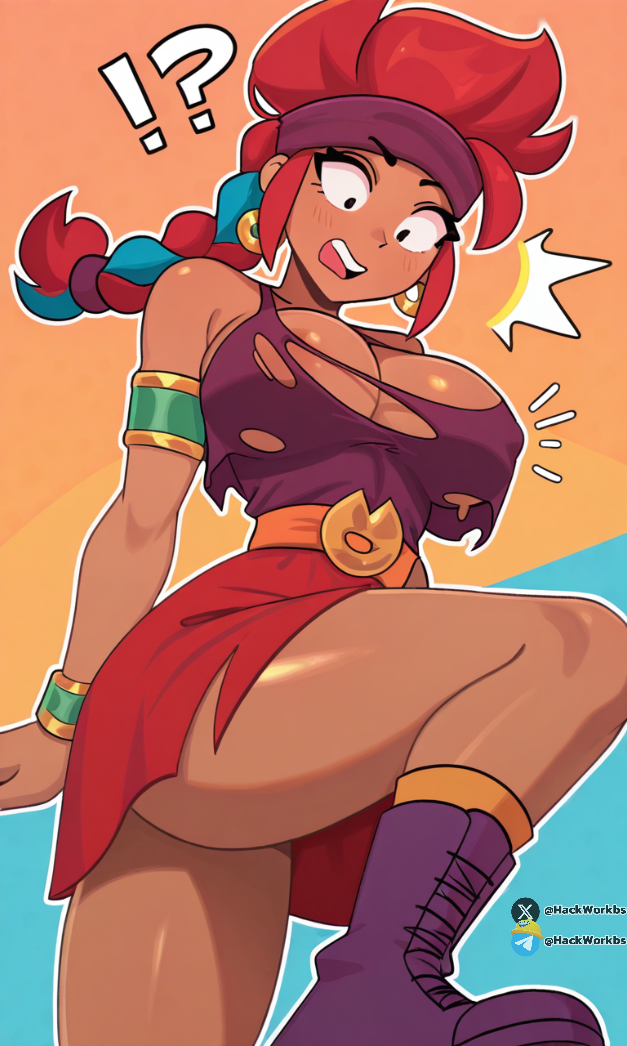 ai generated, amber (brawl stars), blush, brawl stars, breasts, female, hackwork, legs, open mouth, sexy pose, supercell