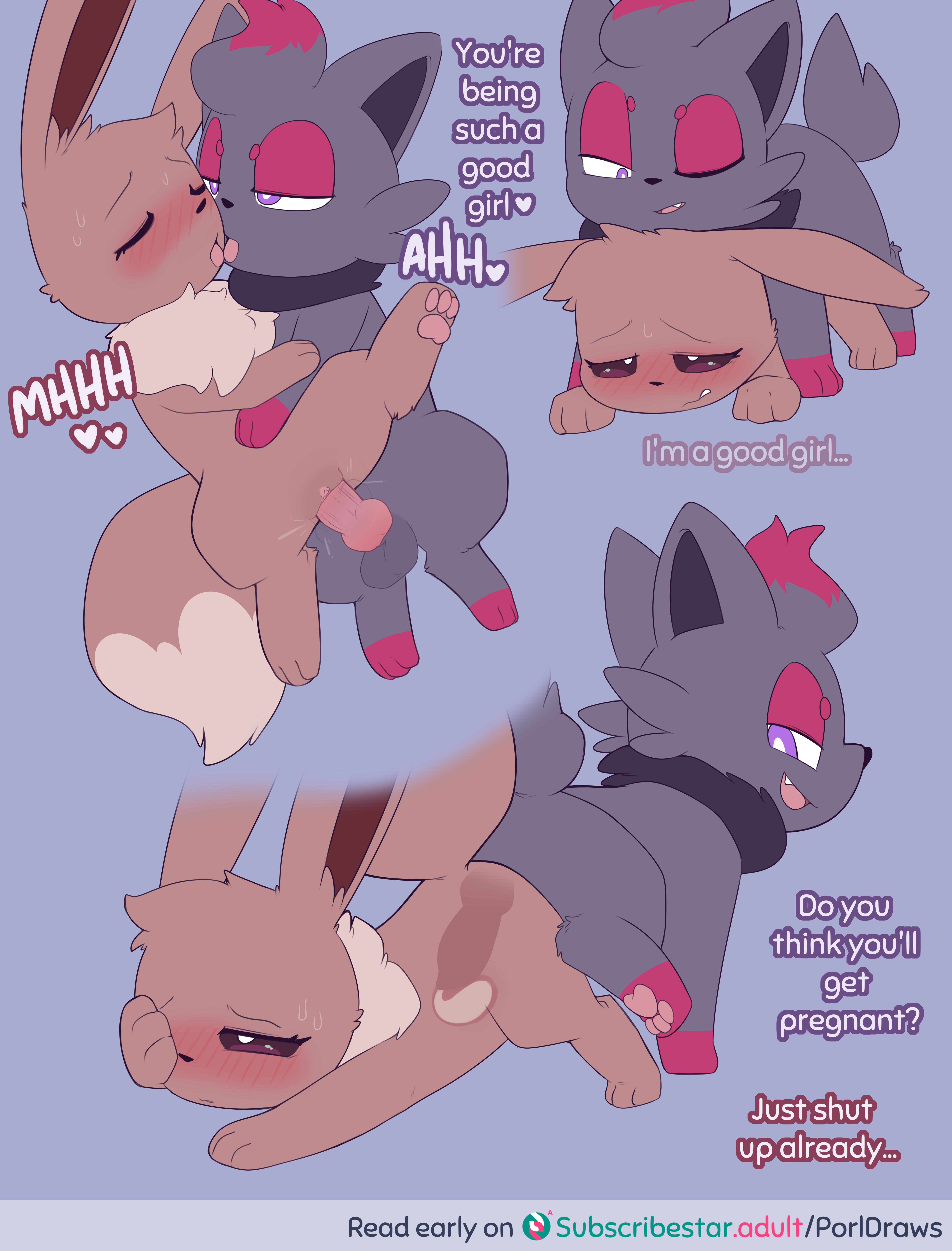 absurd res, animal genitalia, animal penis, balls, blush, bodily fluids, canine genitalia, canine penis, comic, cum, cum in pussy, cum in uterus, cum inside, dialogue, doggy style, duo, eevee, english text, female, feral, filled womb, from behind position, generation 1 pokemon, generation 5 pokemon, genital fluids, genitals, heart symbol, hi res, impregnation risk, internal, kissing, knot, knotted penis, knotting, male, male zorua, male/female, nintendo, pawpads, penis, pokemon, pokemon (species), porldraws, rule 63, sex, simple background, sweat, text, tongue, zorua