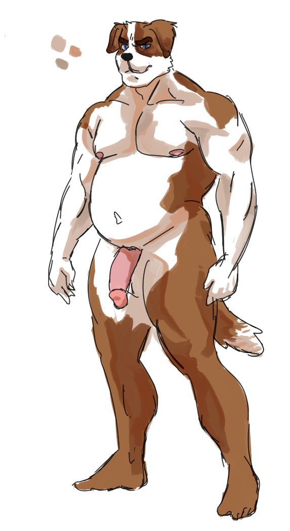 anthro canine chubby hindpaw humanoid_penis hypnicjerk_(artist) looking_at_viewer male male_only mammal musclegut muscles navel paws pecs penis phill_bluehound_(character) st_bernard