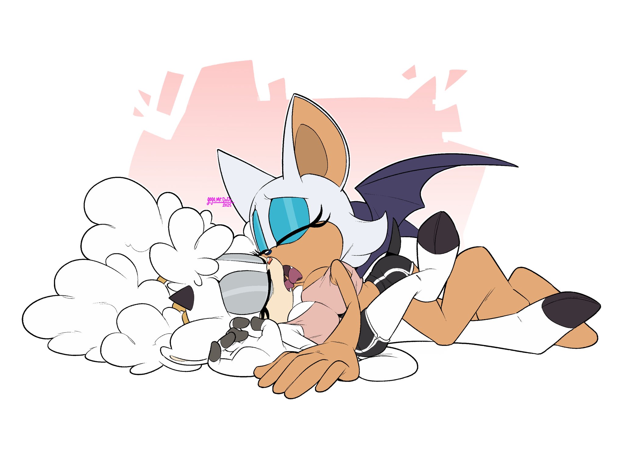 bat, eyeshadow, female, flat colors, french kiss, gogomrdodo, gym clothes, gym shorts, horns, kissing, lanolin the sheep, mobian, mobian (species), pink shirt, poofy hair, rouge the bat, sheep, sonic (series), sonic the hedgehog (idw), sonic the hedgehog (series), white body, white hair, wings, yuri