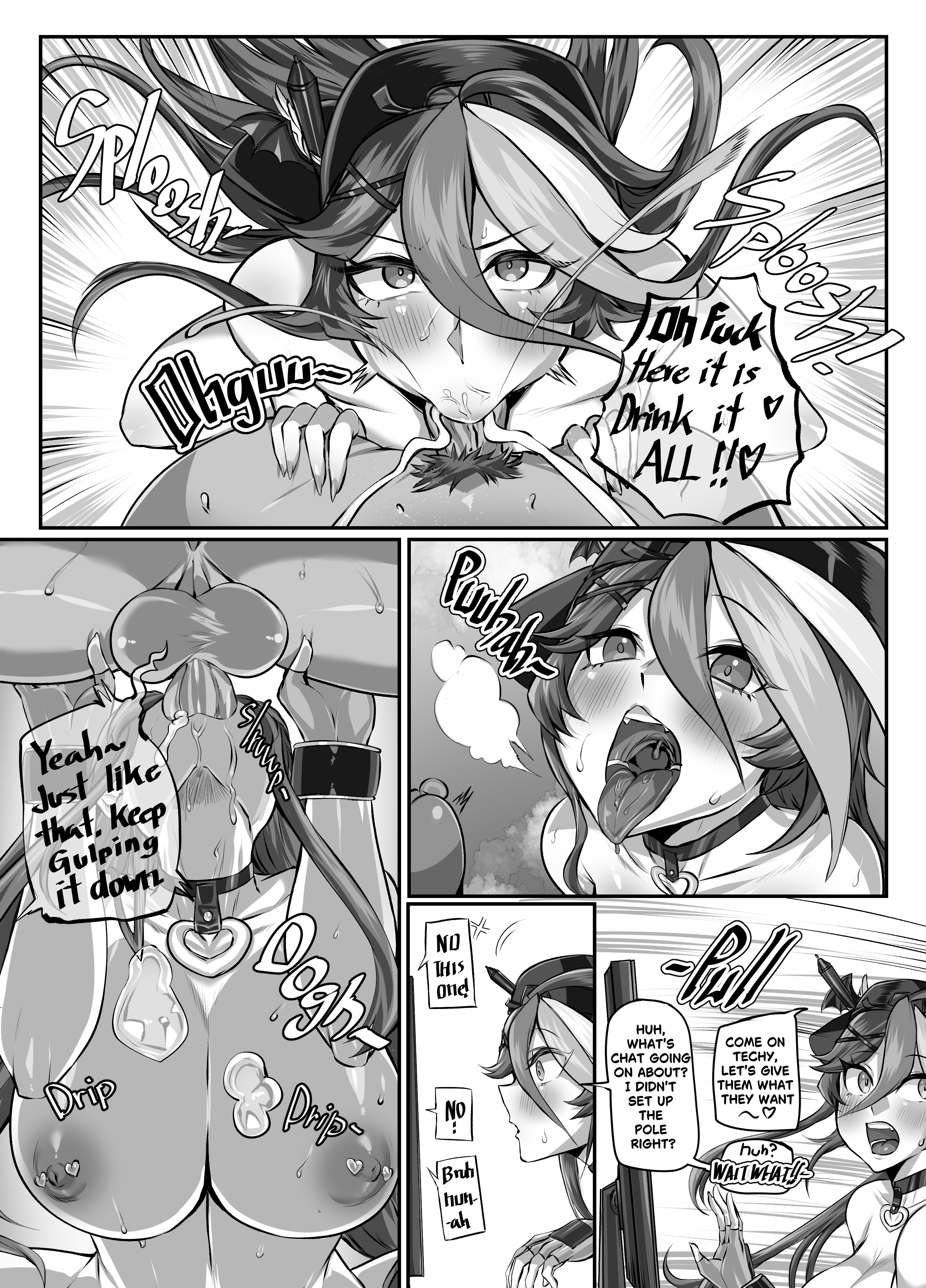 1futa, 1girls, areolae, backwards baseball cap, balls, blowjob, breasts, choker, comic, comic page, cum, cum in mouth, cum inside, dark skinned futa, dialogue, english text, fellatio, female, female focus, futa on female, futanari, huge breasts, indie virtual youtuber, intersex, lungnut, monochrome, nipples, open mouth, oral, oral penetration, oral sex, penis, penis in mouth, pierced nipples, piercing, piercings, speech bubble, sweat, sweatdrop, sweating, techycutie, text, tongue, tongue out, unseen futa face, virtual youtuber, zentreya, zentreya (dragon)