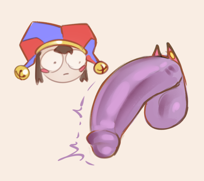 1boy, 1girls, balls, big penis, cock shock, disembodied penis, dryvial, female, glitch productions, huge penis, jax (the amazing digital circus), jester, jester hat, looking at penis, male, male/female, penis, penis awe, penis only, pomni (the amazing digital circus), the amazing digital circus