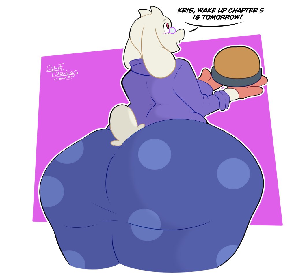 2025, animal ears, animal tail, anthro, artist name, ass, ass bigger than body, ass bigger than breasts, ass bigger than head, ass bigger than torso, ass focus, back view, big ass, big breasts, big butt, big thighs, breasts, bubble ass, bubble butt, butt focus, clothed, clothing, deltarune, english, english text, fat ass, female, female anthro, food, fur, furry, furry female, ghost drawings, glasses, glasses on face, glasses on head, goat, goat horns, horn, huge ass, huge butt, huge thighs, hyper ass, hyper butt, mammal, massive ass, massive butt, mature, mature female, milf, mittens, pie, red eyes, solo, solo female, tail, text, thick ass, thick thighs, thighhighs, thighs, thighs bigger than head, toriel, tray, undertale, undertale (series), white body, white fur