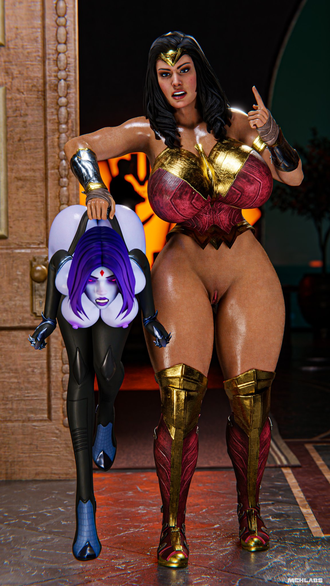 2girls, 3d, amazon, big ass, big breasts, big thighs, breasts, curvaceous, curvy, curvy figure, dc, dc comics, demon, demon girl, diana prince, female, female only, hanging wedgie, hips, huge thighs, human, humanoid, justice league, large ass, large breasts, large thighs, light skin, light-skinned female, mature, mature female, mehlabs, multiple females, multiple girls, rachel roth, raven (dc), slim waist, sorceress, teen titans, themysciran, thick, thick hips, thick legs, thick thighs, thighs, voluptuous, waist, wedgie, wide hips, wonder woman, wonder woman (series)