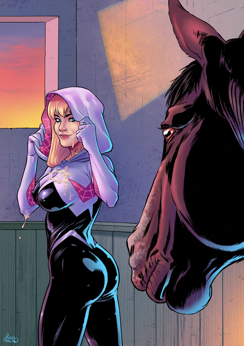 after bestiality, after sex, bodysuit, cum, female, female human/male feral, female on feral, feral, feral on female, feral on human, gwen stacy, gwen stacy (earth-65), horse, human female, human on feral, imminent bestiality, imminent sex, implied bestiality, interspecies, marvel, marvel comics, rosita amici, smile, spider-gwen, spider-man (series), zoophilia