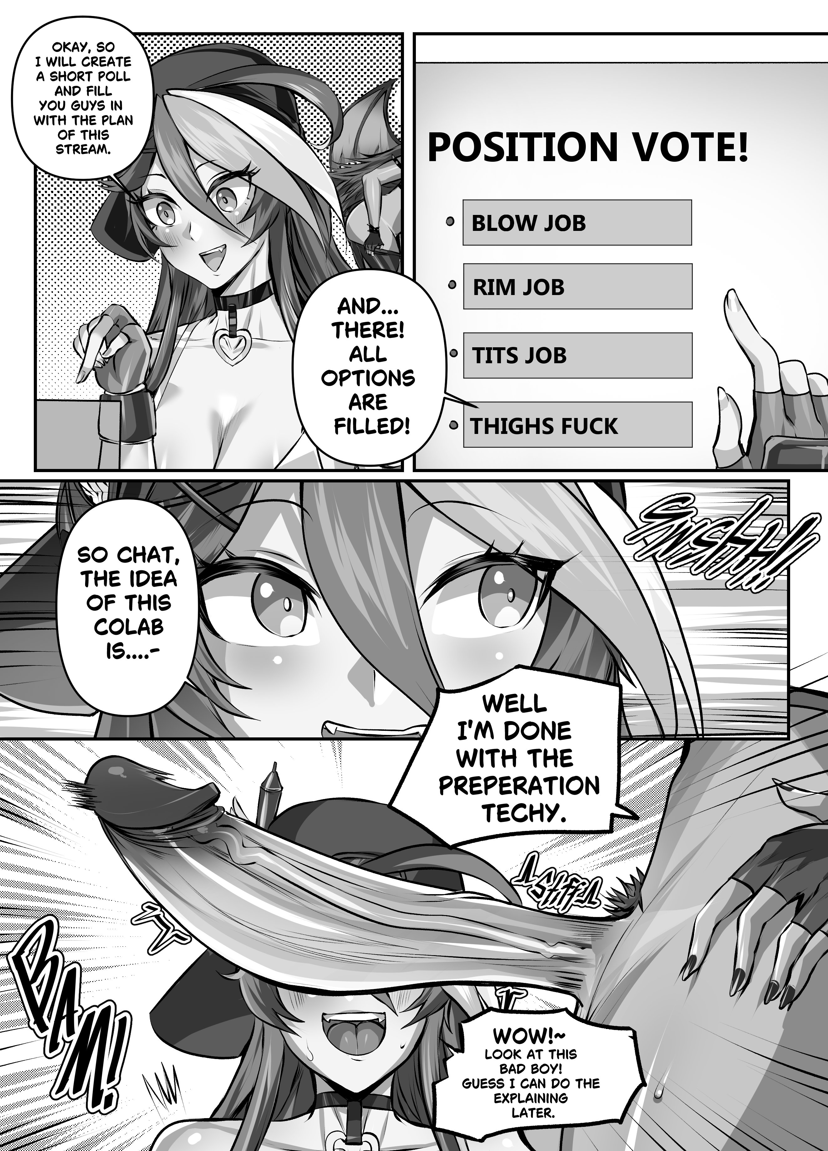 1futa, 1girls, backwards baseball cap, big penis, cant see the haters, comic, comic page, dialogue, english text, erection, female, fingerless gloves, futanari, indie virtual youtuber, intersex, lungnut, monochrome, open mouth, penis, penis awe, penis over eyes, pubic hair, speech bubble, techycutie, text, uncensored, virtual youtuber, zentreya