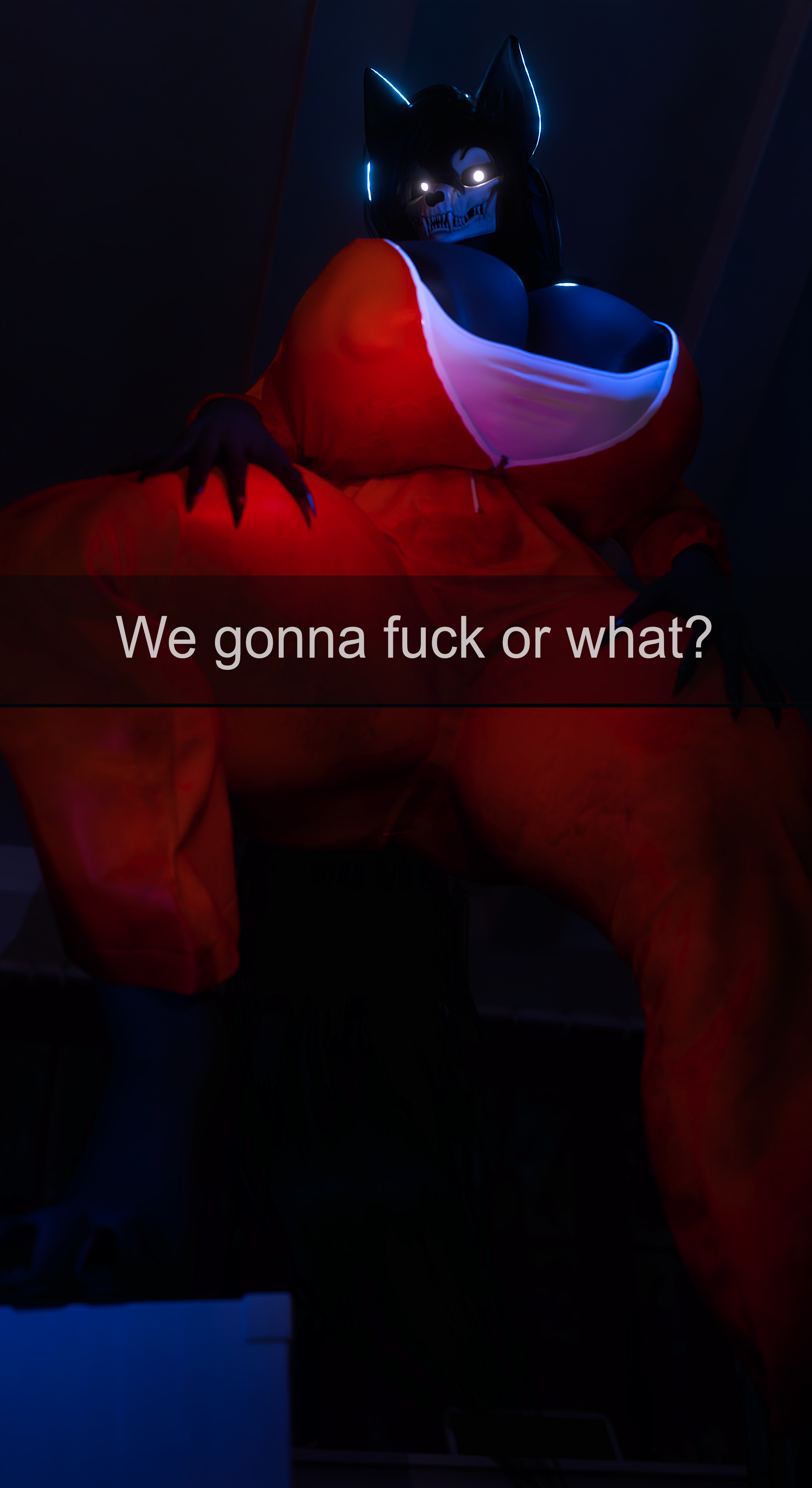 1girls, 3d, anthro, anthro on anthro, anthro only, ass, big areola, big ass, big belly, big breasts, big butt, big muscles, big nipples, big thighs, blender, blender (software), breasts, clothed, dominant, dominant female, domination, female, femdom, furry, furry only, hi res, high quality, high resolution, highres, horror, huge breasts, inko blue, instagram, looking at viewer, mal0, malo, milf, muscles, night, scp, scp foundation, scp-1471, scp-1471-a, scp-1471-a (scrag), scrag boy (model), skull head, smiling, smirk, smirking at viewer, snapchat, solo, teasing, text, wolf, wolf girl