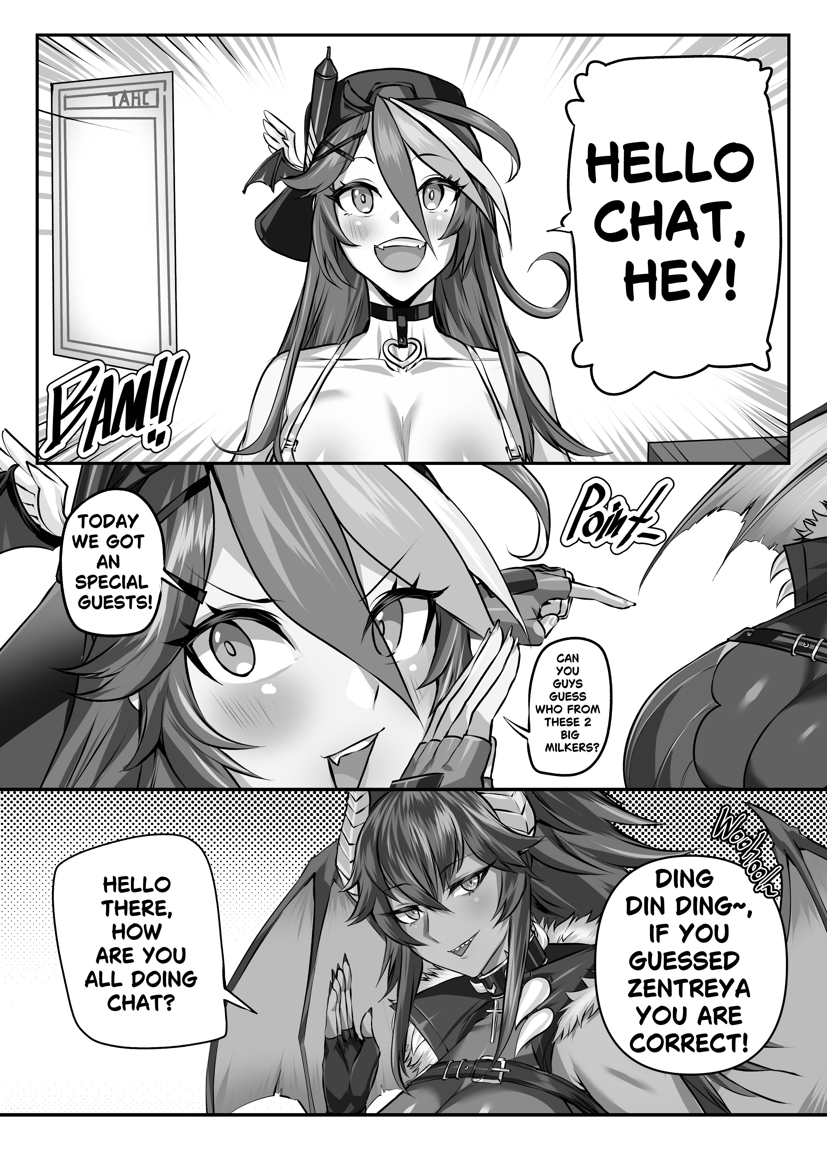 clothed, clothing, comic, comic page, dragon wings, english text, horns, indie virtual youtuber, lungnut, monochrome, open mouth, techycutie, text, virtual youtuber, wings, zentreya, zentreya (dragon)