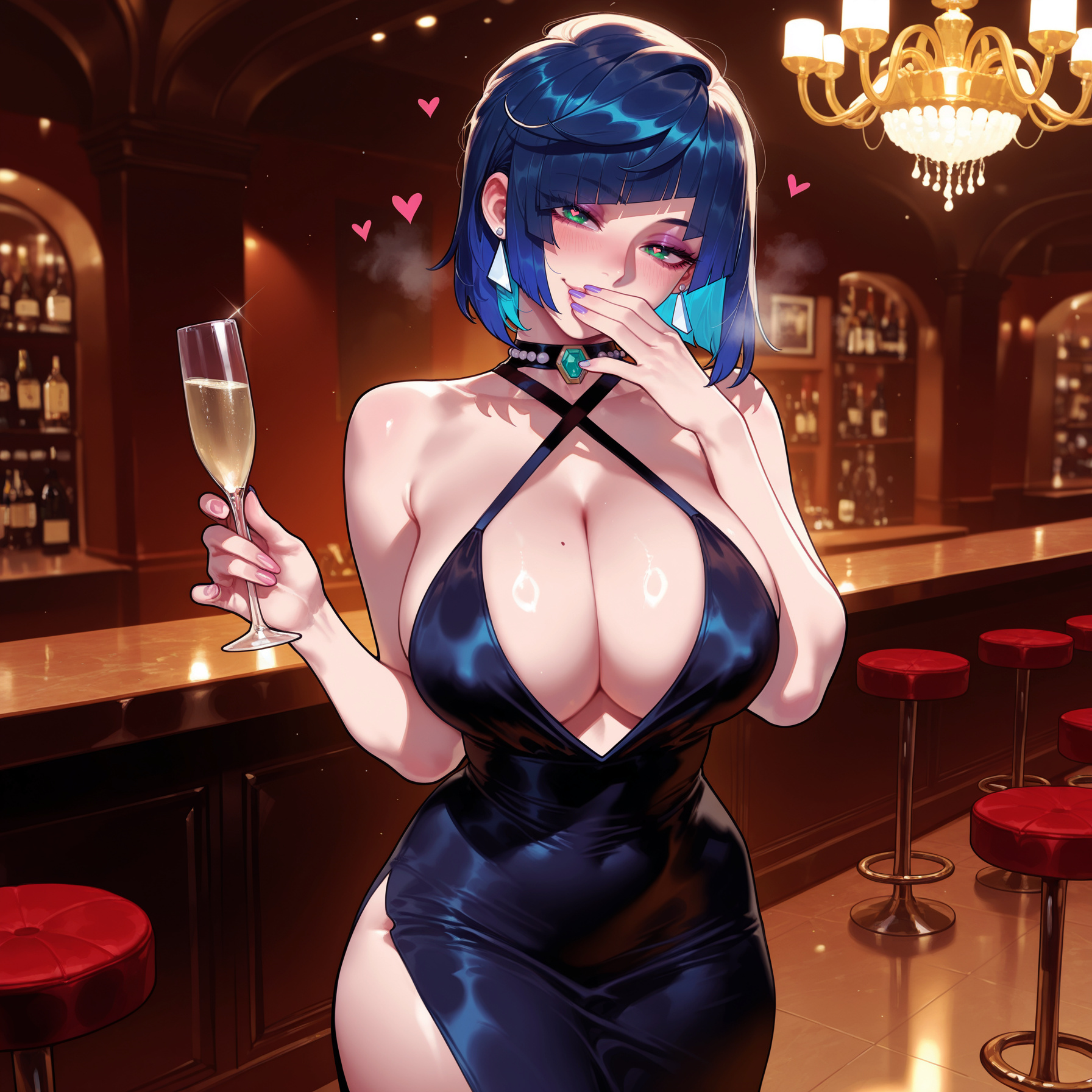 1girls, ai generated, alcohol, alternate costume, balecxi, bangs, bar (place), bar stool, bare arms, bare shoulders, big breasts, black dress, blue dress, blue hair, blush, bob cut, breasts, breath, champagne flute, chandelier, choker, cleavage, clothing, cocktail dress, collarbone, counter, covered navel, covering own mouth, criss-cross halter, cup, curvaceous, curvaceous female, curvaceous figure, curvy, curvy figure, dangle earrings, diagonal bangs, dice, dress, drink, drinking glass, earrings, evening gown, eyeshadow, female, female focus, female only, genshin impact, glint, green eyes, halter dress, halterneck, hand to own mouth, heart-shaped pupils, heavy breathing, holding, holding cup, huge breasts, indoors, inviting, inviting to sex, jewelry, large breasts, light-skinned female, looking at viewer, makeup, mole, mole on breast, multicolored hair, nail polish, presenting, presenting ass, presenting breasts, presenting hindquarters, presenting self, purple nails, seductive, seductive look, seductive smile, shiny skin, short hair, side slit, sleeveless, sleeveless dress, smile, solo, stool, thighs, tight clothes, tight dress, two-tone hair, voluptuous, voluptuous female, wine glass, yelan (genshin impact)