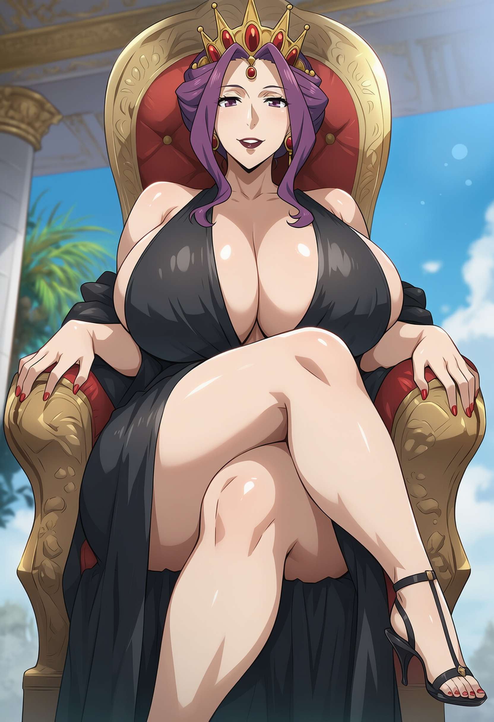 1girls, 2d, ai generated, alternate breast size, angelic, arms behind, ass, assertive female, beautiful, beautiful females, big lady, big thighs, big titties, black dress, breast focus, breasts, breasts bigger than head, breasts focus, bright, bursting breasts, busty, cleavage, crown, curvaceous, curvaceous body, curvaceous female, curvaceous figure, curves, curvy, curvy body, curvy female, curvy figure, curvy hips, detailed, excited, excited female, female, female focus, female only, feminine, focus on breasts, front view, full body, gradient hair, high heels, huge boobs, huge breasts, inviting, large breasts, large butt, large thighs, large tits, legs crossed, light skin, light smile, light-skinned female, lipstick, looking at viewer, massive breasts, massive thighs, massive tits, mature, mature female, mirelia q melromarc, mommy, perfect body, presenting, presenting body, presenting breasts, purple eyes, purple hair, purple lips, purple lipstick, queen, seductive, seductive eyes, seductive look, seductive pose, seductive smile, seductive stare, sexy, sexy body, sexy female, sexy figure, sexy pose, shiny skin, sitting, sitting on throne, slutty body, slutty female, smile, smiling at viewer, smirk, smirking, smooth skin, smug, solo, solo female, solo focus, squished breasts, tate no yuusha no nariagari, teasing, teasing viewer, thick, thick ass, thick body, thick figure, thick thighs, thighs, thighs focus, thunder thighs, venus body, voluptuous, voluptuous body, voluptuous female, waist, waiting, wide hips, xxxbatxxx