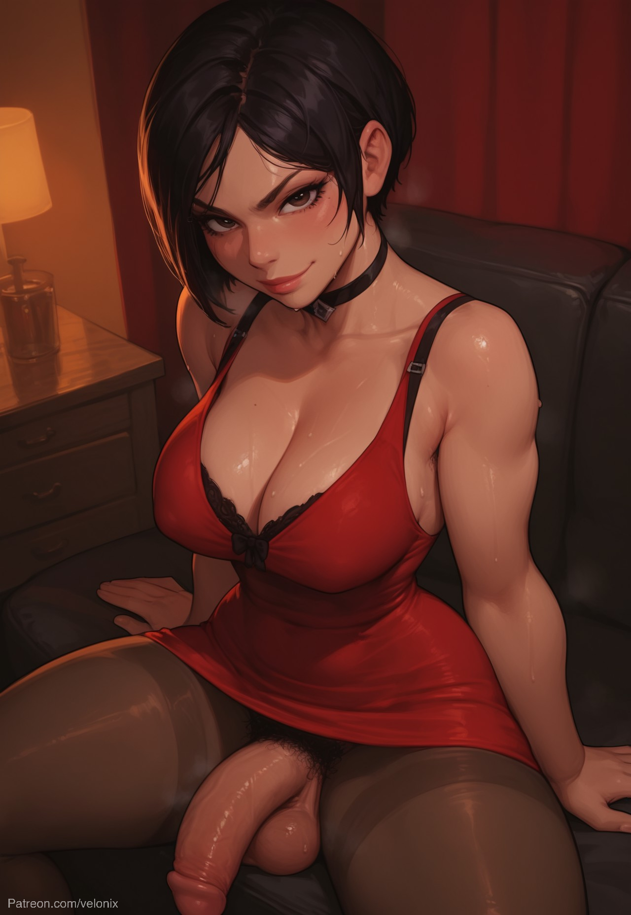1futa, ada wong, ai generated, balls, big ass, big breasts, big hips, big penis, black eyes, black hair, black panties, breasts, cleavage, dick, dickgirl, dress, eyebrows, eyelashes, futa only, futanari, grin, grinning, grinning at viewer, hair, holster, huge cock, indoors, intersex, lips, long hair, looking at viewer, makeup, medium hair, musk, musky, musky balls, musky cock, narrow waist, narrowed eyes, nose, panties, panty, pantyhose, penis, red dress, resident evil, resident evil 2, resident evil 2 remake, seductive, seductive eyes, seductive gaze, seductive look, seductive mouth, seductive pose, seductive smile, shiny skin, short hair, smile, smile at viewer, smiley face, smooth balls, smooth penis, smooth skin, solo, solo dickgirl, solo focus, solo futa, sweat, sweatdrop, sweating, sweaty, sweaty body, testicles, tight clothing, tight fit, turtleneck, velonix, wet