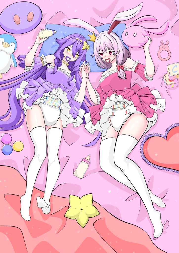 abdl, adult baby, baby bottle, blush, diaper, holding hands, pacifier, padded, wearing diaper