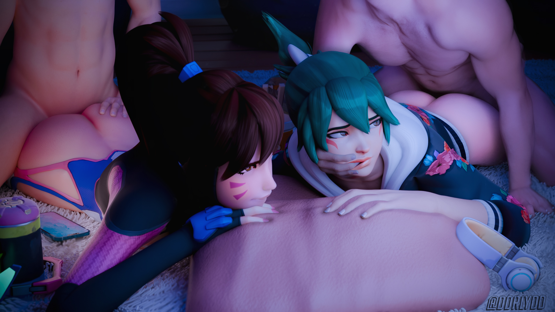 2boys, 2girls, 3d, ambiguous penetration, athleisure kiriko, blizzard entertainment, carpet, d.va, d.va (overwatch 2 suit), female, finger in another's mouth, kiriko (overwatch), light skin, light-skinned female, light-skinned male, male, overwatch, overwatch 2, phone, rly, sex, sleepover
