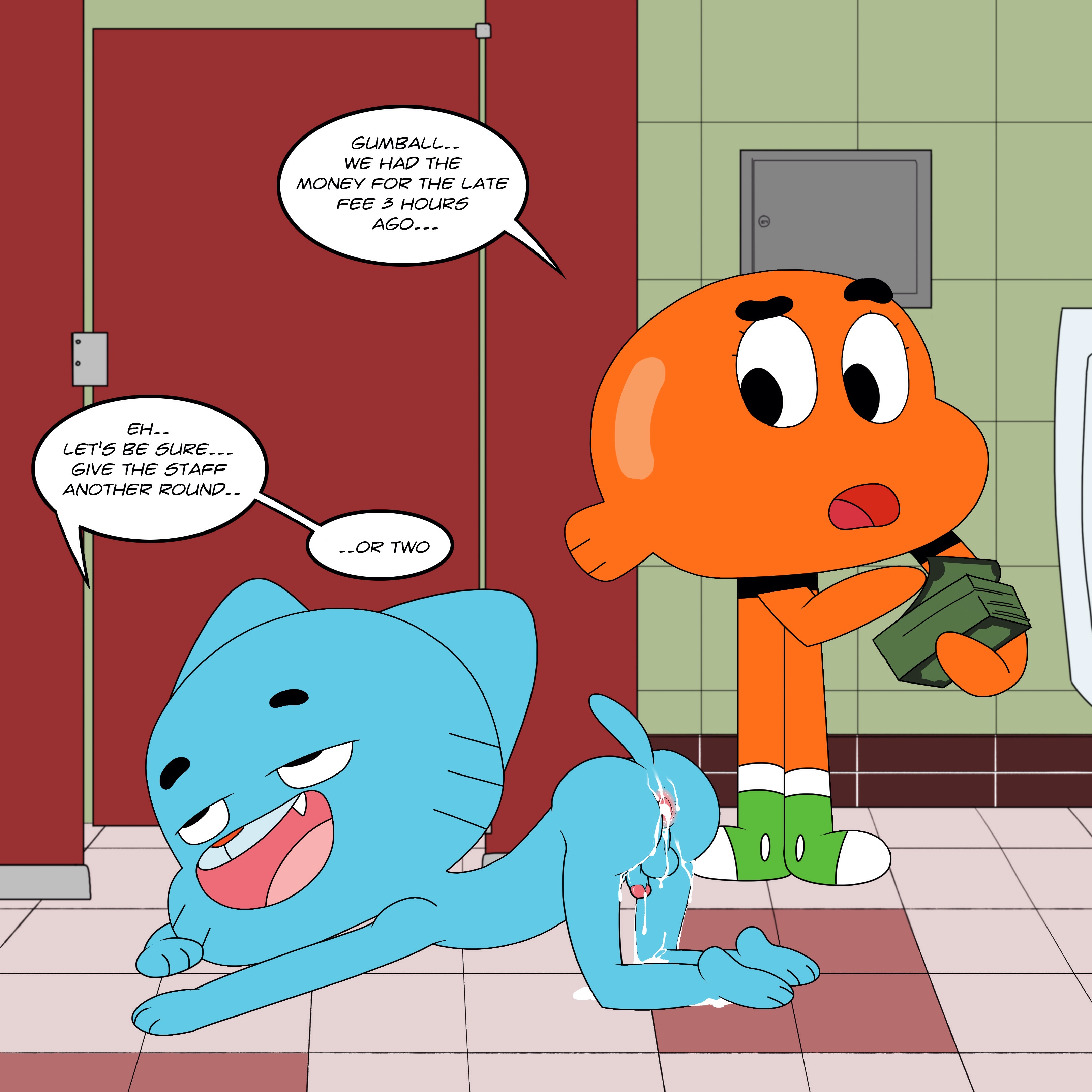after sex, anthro, anus, ass, balls, bathroom, blue fur, brother, brothers, cartoon network, cum, cum in ass, cum inside, cum on ass, cum on balls, darwin watterson, duo, face down ass up, fangs, feline, fish, fur, furry, gaping, gaping anus, gay, gay male, glans, gumball watterson, jerseydevil, male, male only, mammal, marine, money, open mouth, orange body, penis, prostitution, raised tail, sibling, speech bubble, the amazing world of gumball, tongue, whiskers, yaoi, young