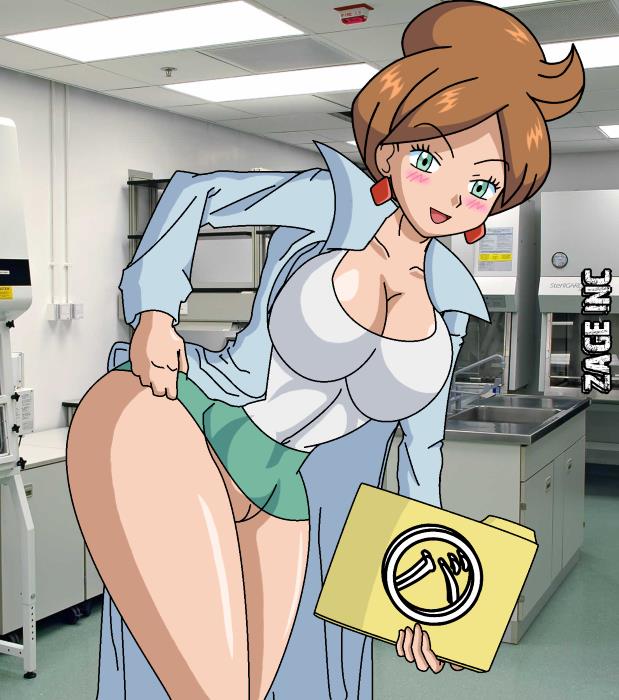 1girls aurea_juniper blush breasts cleavage earring exhibitionism female human jewelry large_breasts mature_female milf nintendo no_panties photo_background pokemon pokemon_bw pokemon_professor pussy sakaki_(artist) short_hair smile solo zage_inc