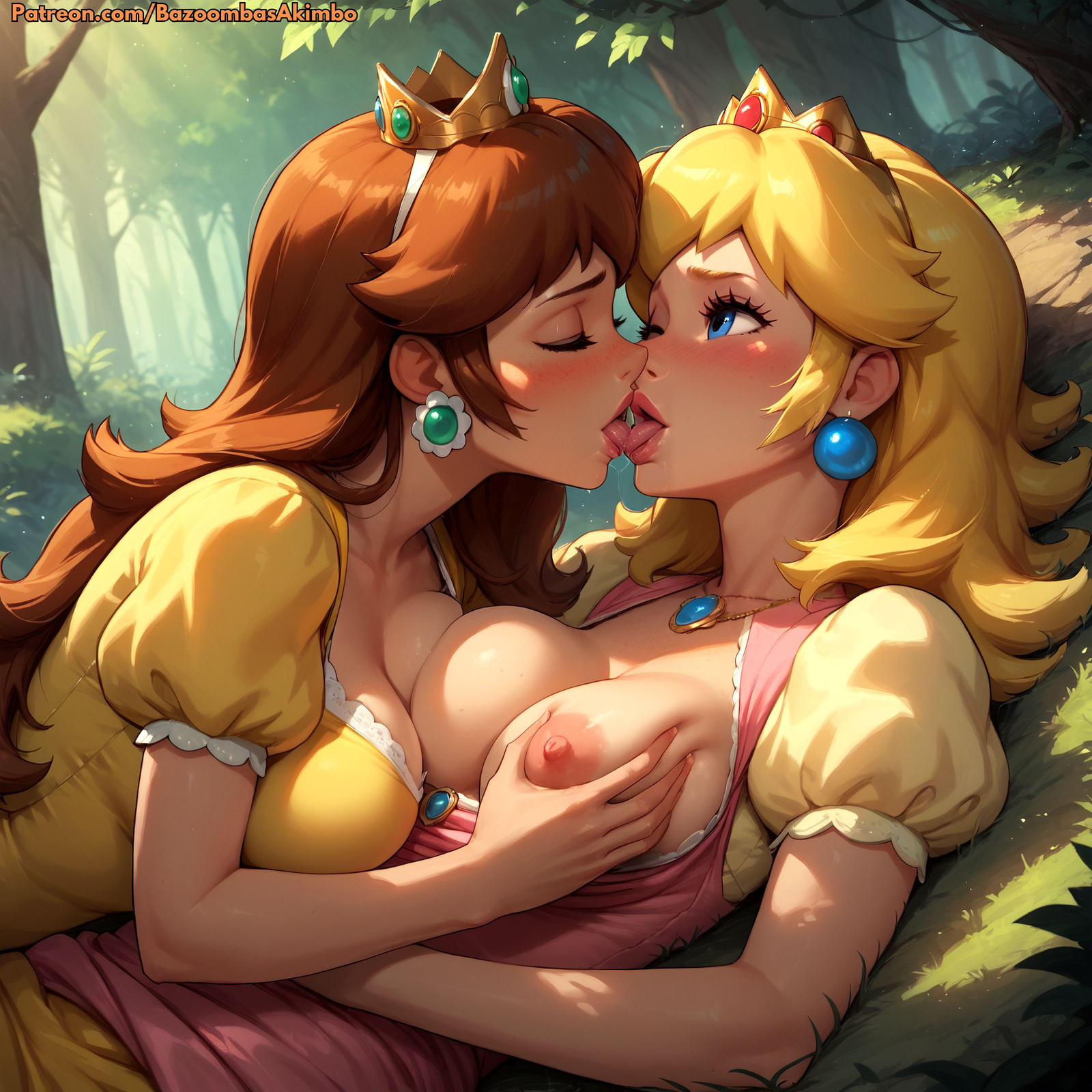 2girls, ai generated, artist name, bazoombasakimbo, blonde hair, blue eyes, blush, breasts, brown hair, chocker, closed eyes, clothing, crown, dress, earrings, female, female only, fondling breast, hairband, jewelry, kissing, lesbian, mario (series), medium breasts, multiple females, multiple girls, nintendo, nipples, princess daisy, princess peach, saliva, tagme, tongue kiss, web address, yuri