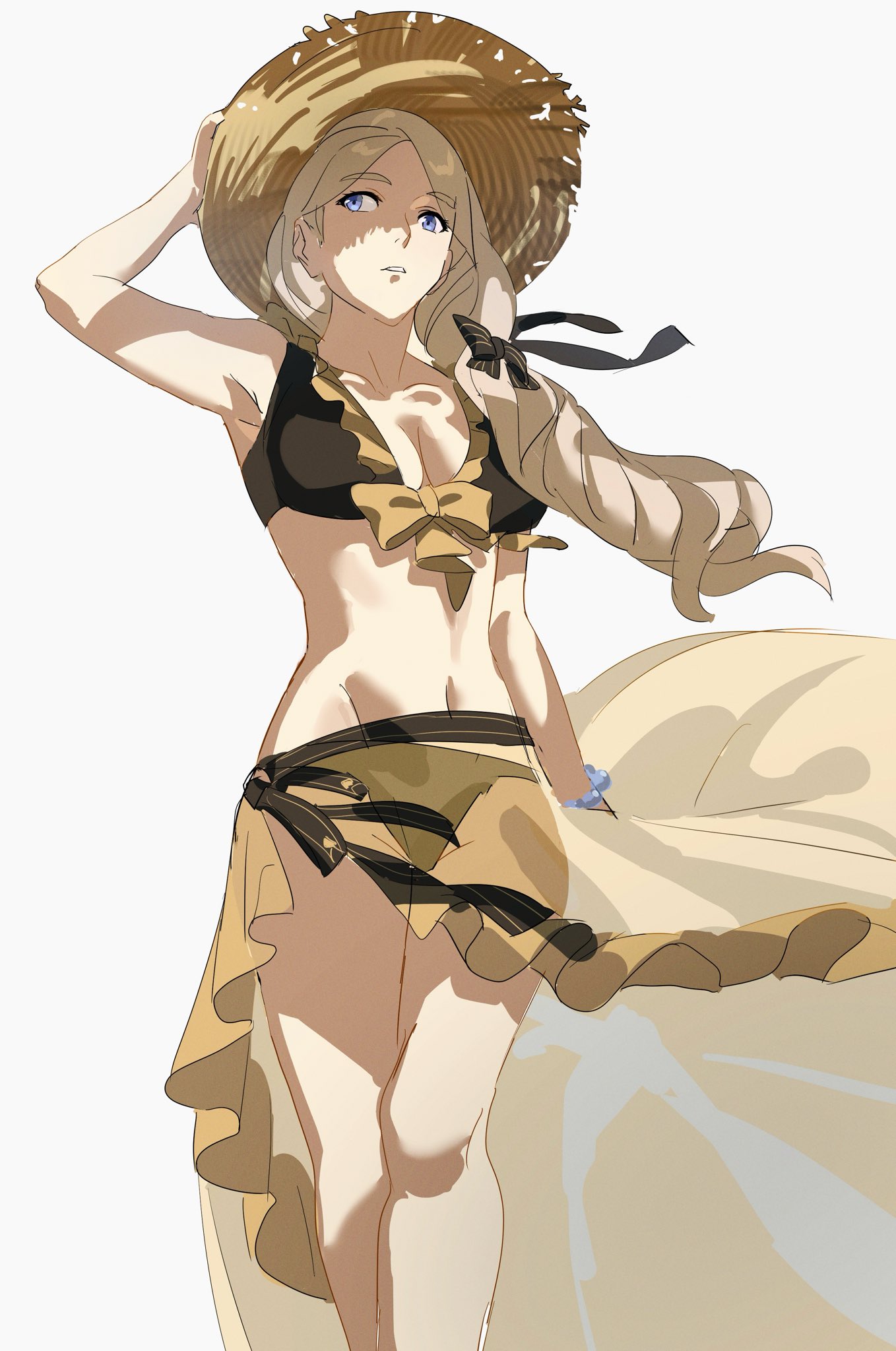 1girls alternate_costume bikini blue_eyes breasts brown_bikini brown_sarong brown_swimsuit female female_only fire_emblem fire_emblem:_three_houses fire_emblem_heroes gradient_sarong hat highres long_hair mercedes_von_martritz mercedes_von_martritz_(summer) navel nintendo off-shoulder_bikini off_shoulder official_alternate_costume sarong solo straw_hat sun_hat swimsuit zv6dllrzu725132