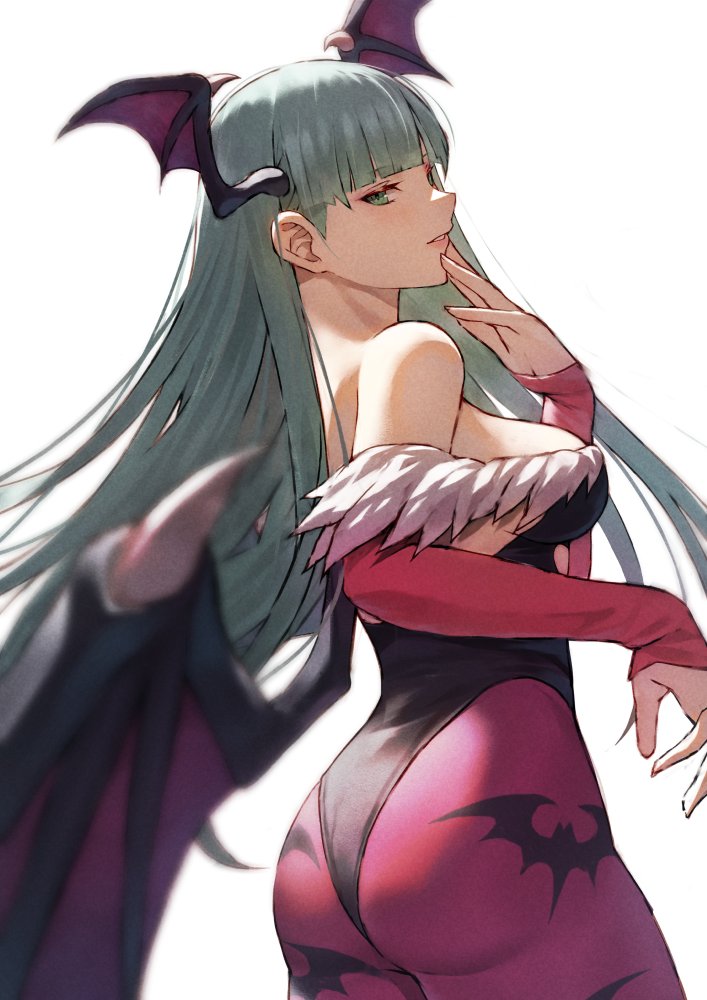 1girls ass back_view bare_shoulders bat_wings busty capcom curvy darkstalkers fagi_(kakikaki) green_eyes green_hair light-skinned_female light_skin looking_back morrigan_aensland succubus tight_clothing wings