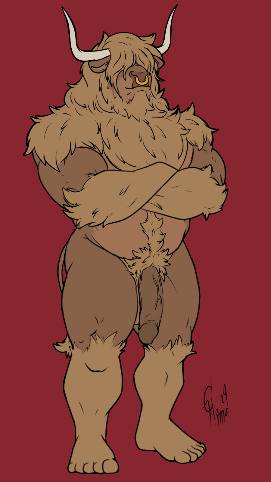 anthro bovid bovine cattle fluffy genitals hair hi_res highland_cattle horn hunterramirez male male/male mammal muscular nude penis piercing solo