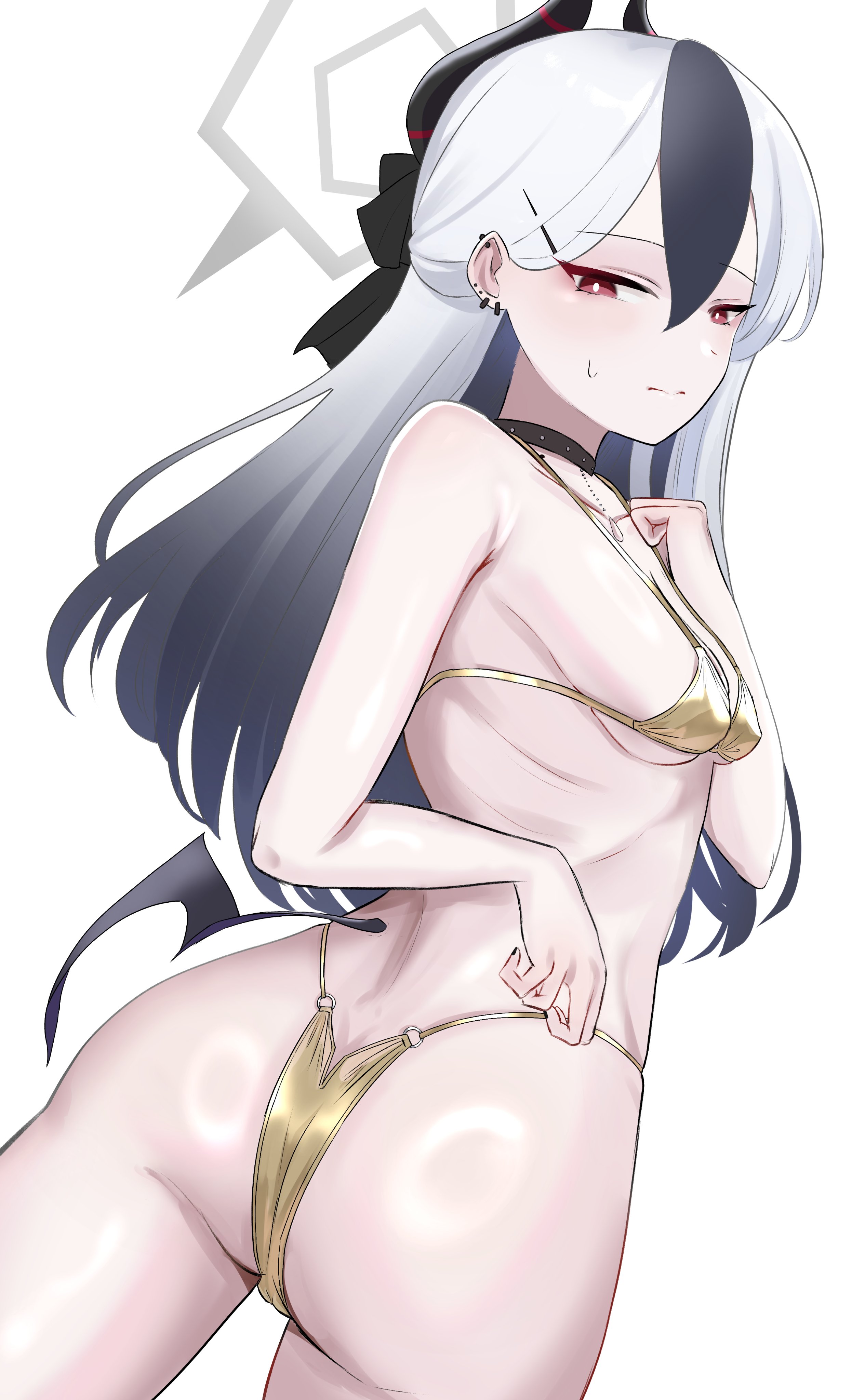 8nmeter (artist), absurdres, ass, bikini, black hair, blue archive, breasts, choker, demon horns, ear piercing, earrings, female, gehenna academy student, gold bikini, hair between eyes, halo, highres, horns, jewelry, kayoko (blue archive), long hair, low wings, micro bikini, multicolored hair, piercing, problem solver 68 (blue archive), red eyes, sagging breasts, simple background, small breasts, swimsuit, white background, white hair, wings