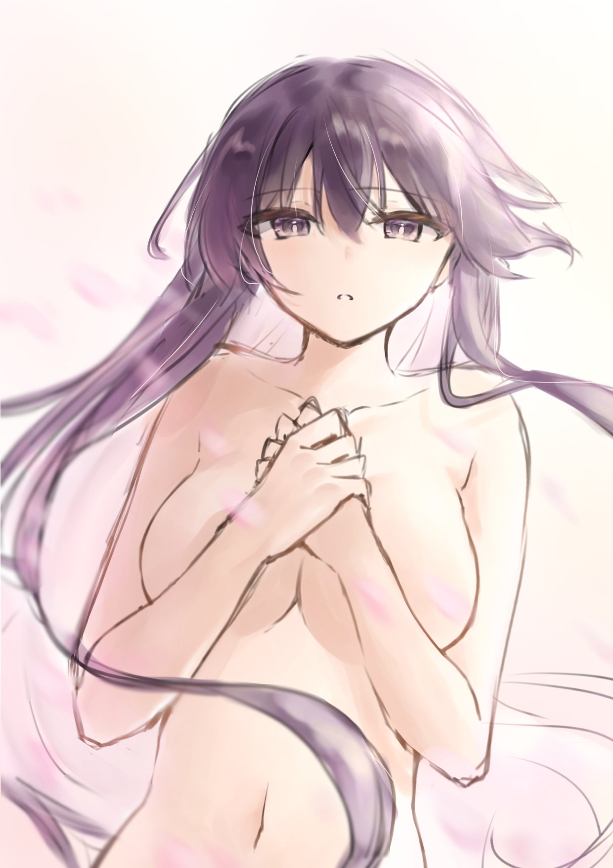 1girls belly_button breasts covered_breasts covered_nipples date_a_live light-skinned_female long_hair naked purple_eyes purple_hair solo solo_female yatogami_tohka