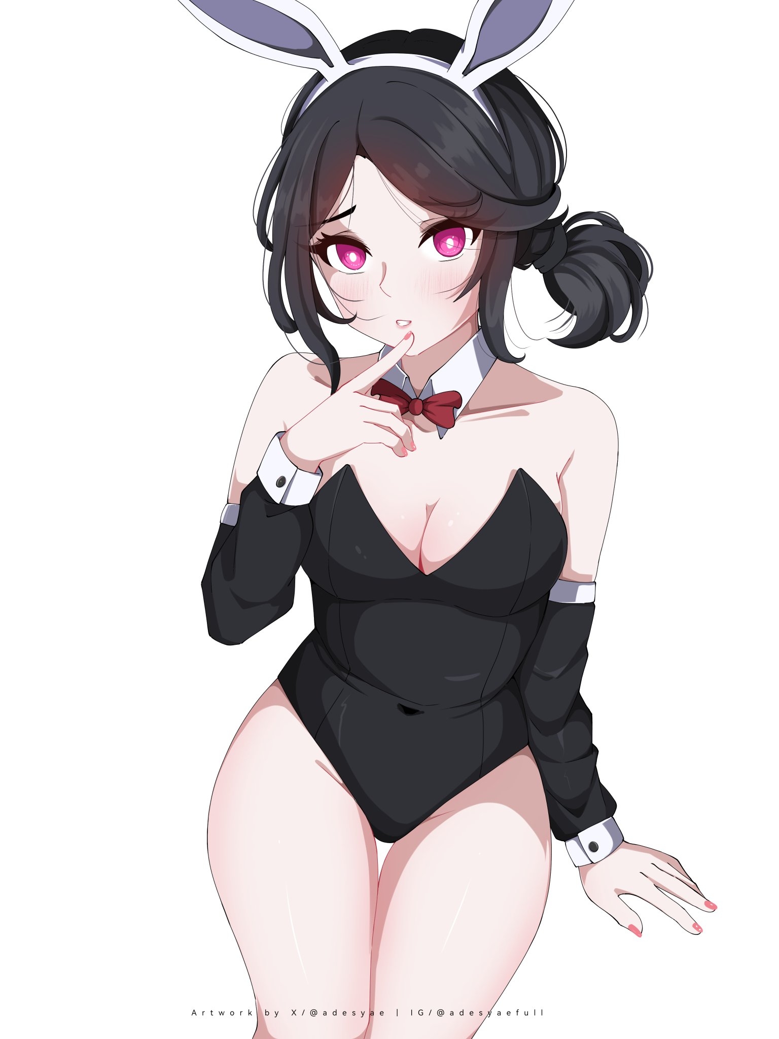 1girls, adesyaefull, ashley graves, big breasts, black hair, blush, breasts, bunny ears, bunnysuit, cleavage, female, looking at viewer, pink eyes, ponytail, sitting, solo, the coffin of andy and leyley, white background