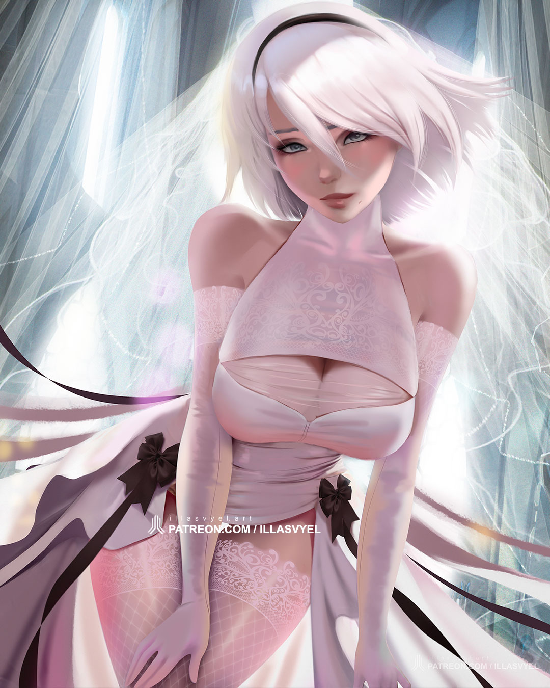 1girls android beauty_mark blush bridal_gauntlets bridal_veil bride cleavage elbow_gloves female fishnet_legwear fishnet_stockings fishnets gloves hairband headband illasvyel looking_at_viewer nier:_automata nier_(series) ribbon ribbons shoulder_gloves shoulder_length_gloves shoulder_length_hair silver_hair solo thick_thighs thighhighs thighs wedding wedding_dress wedding_veil white_hair yorha_2b