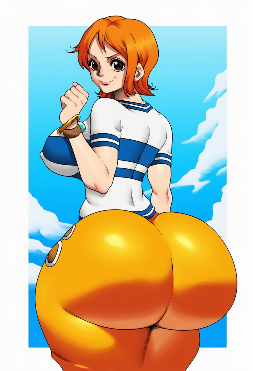 ai generated, ass, booty, breasts, female, female only, hips, large ass, lubbasdump, nami (one piece), one piece, orange hair, pre-timeskip, smile, wide hips