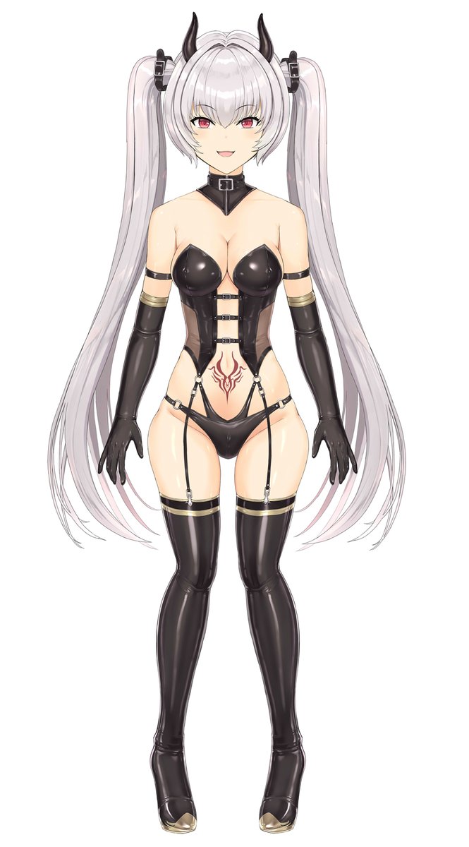 1girls arm_strap black_corset black_panties breasts choker cleavage corset demon_girl demon_horns dominatrix elbow_gloves female female_only fully_clothed garter_straps gloves hair_belt hakaba_(dairiseki) high_heel_boots high_heels horns long_gloves looking_at_viewer medium_breasts midriff navel panties red_eyes revealing_clothes shiny_clothes skimpy_clothes stomach_tattoo tama_project tattoo thighhigh_boots thighhighs twintails virtual_youtuber weiss_anne white_hair