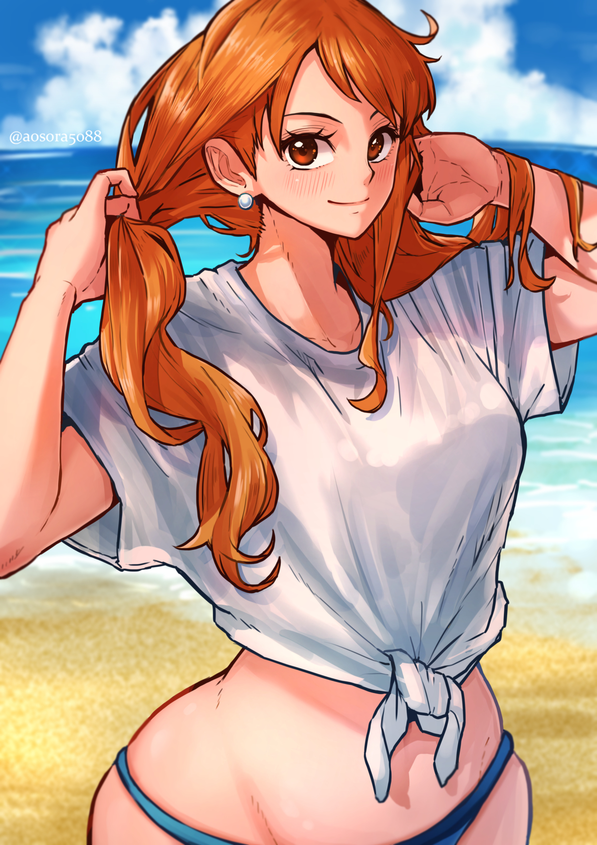 1girls, aosora, beach, bikini, bikini bottom, bikini under clothes, blue bikini, blue swimsuit, breasts, clouds, earrings, female, female only, large breasts, long hair, looking at viewer, midriff, nami (one piece), navel, ocean, one piece, orange eyes, orange hair, orange-haired female, outside, post-timeskip, shirt, sky, swimsuit, swimsuit under clothes, tied shirt, water, white shirt