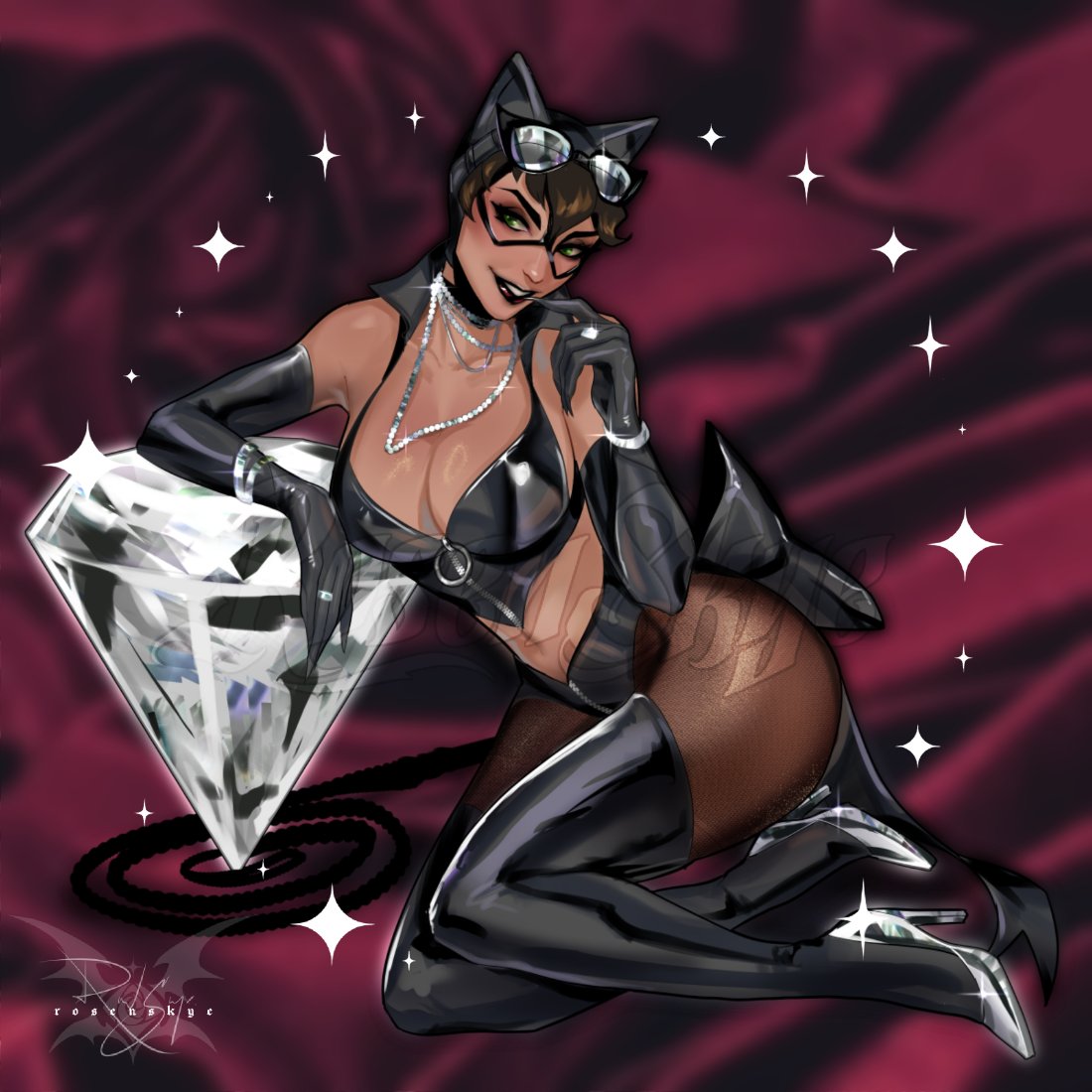 1girls, artist logo, bare shoulders, batman (series), big breasts, boots, bracelet, breasts, brown hair, busty, catwoman, cleavage, dark skin, dark-skinned female, dc, dc comics, diamond, exposed midriff, female, gloves, goggles, green eyes, high heel boots, high heels, jewelry, lipstick, mask, necklace, ring, rosenskye, selina kyle, thighhighs, thighs, watermark, zipper down