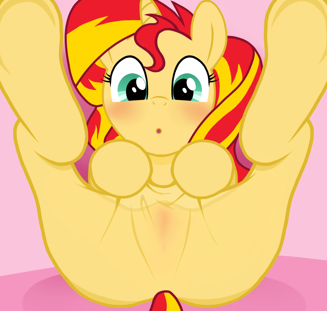 blush equine female friendship_is_magic fur hair horn legs_up long_hair looking_at_viewer mammal my_little_pony pantyhose presenting pussy solo sunset_shimmer teal_eyes two_tone_hair unicorn yellow_fur zat