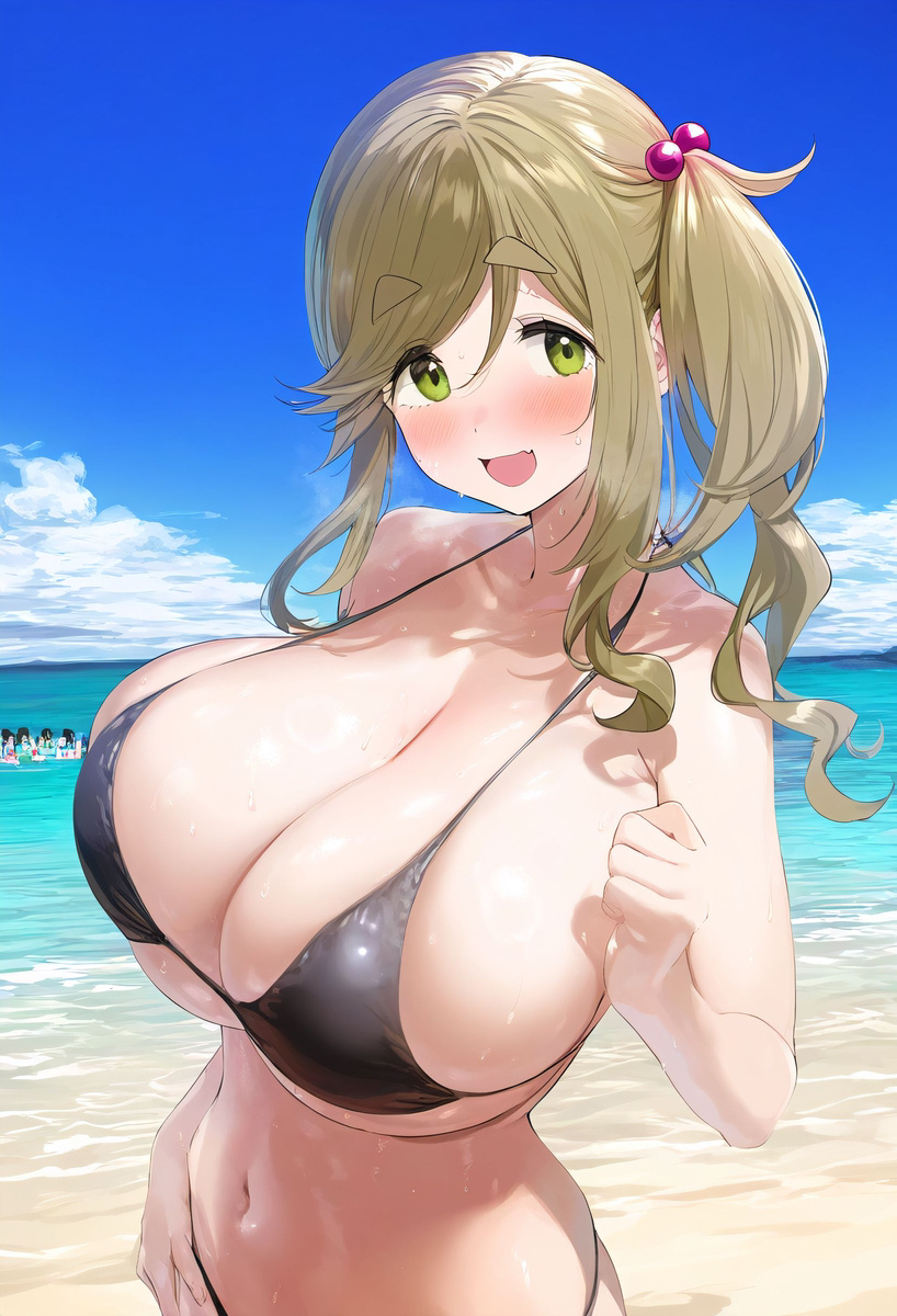 ai_generated artist_request beach beige_hair big_breasts bikini bikini_top green_eyes huge_breasts inuyama_aoi large_breasts light-skinned_female light_skin looking_at_viewer side_ponytail smiling stable_diffusion voluptuous voluptuous_female yurucamp