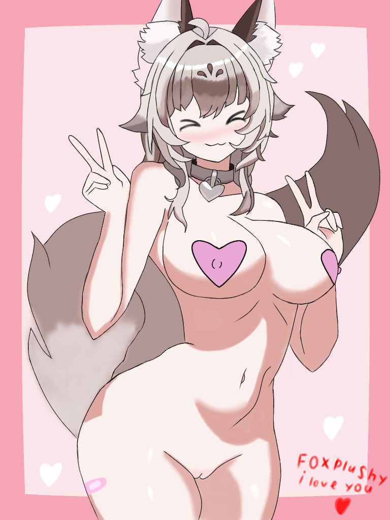 big_breasts cute ears_up female female_focus female_only fox_ears fox_girl fox_tail foxplushy hakarlel heart perfect_body plaster smile smug smug_face tagme tail virtual_youtuber vtuber vtuberfanart