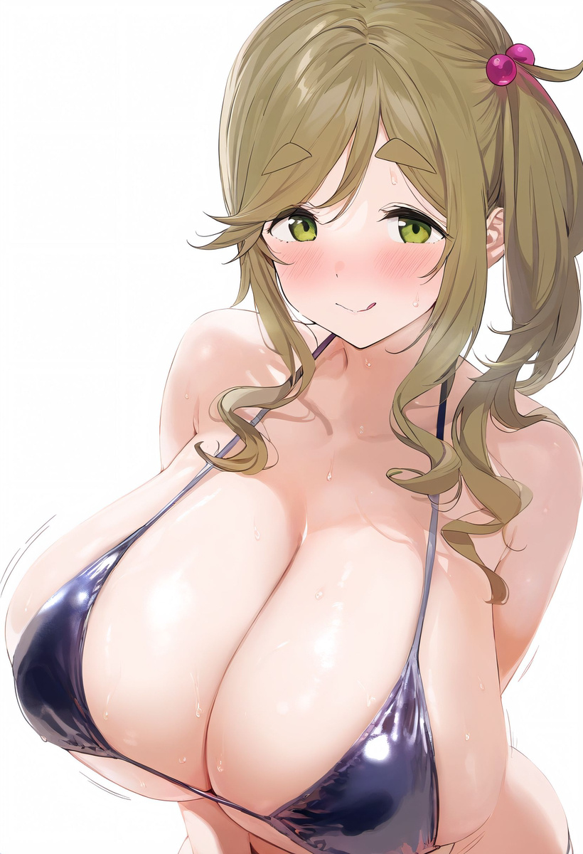 ai_generated artist_request beige_hair big_breasts bikini bikini_top breasts_bigger_than_head green_eyes huge_breasts inuyama_aoi large_breasts light-skinned_female light_skin looking_at_viewer side_ponytail simple_background smiling stable_diffusion voluptuous voluptuous_female white_background yurucamp