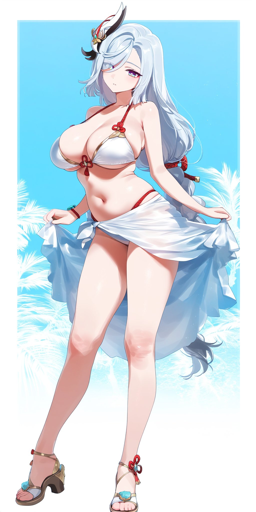 1girls, 2024, adult, adult female, ai generated, alternate costume, belly button, big breasts, bikini, bikini bottom, bikini top, braided hair, breasts, cleavage, covered nipples, crowna77, day, female, female only, front view, full body, genshin impact, hair over one eye, hourglass figure, hoyoverse, huge breasts, light skin, light-skinned female, long hair, long legs, looking at viewer, mature, mature female, mihoyo, navel, outdoors, palm tree, revealing clothes, revealing swimsuit, sandals, shenhe (genshin impact), silver eyes, silver hair, sky, solo, solo female, solo focus, standing, summer, swimsuit, thong, thong bikini, very long hair, voluptuous, voluptuous female, white bikini, white bikini bottom, white bikini top, white hair, white swimsuit
