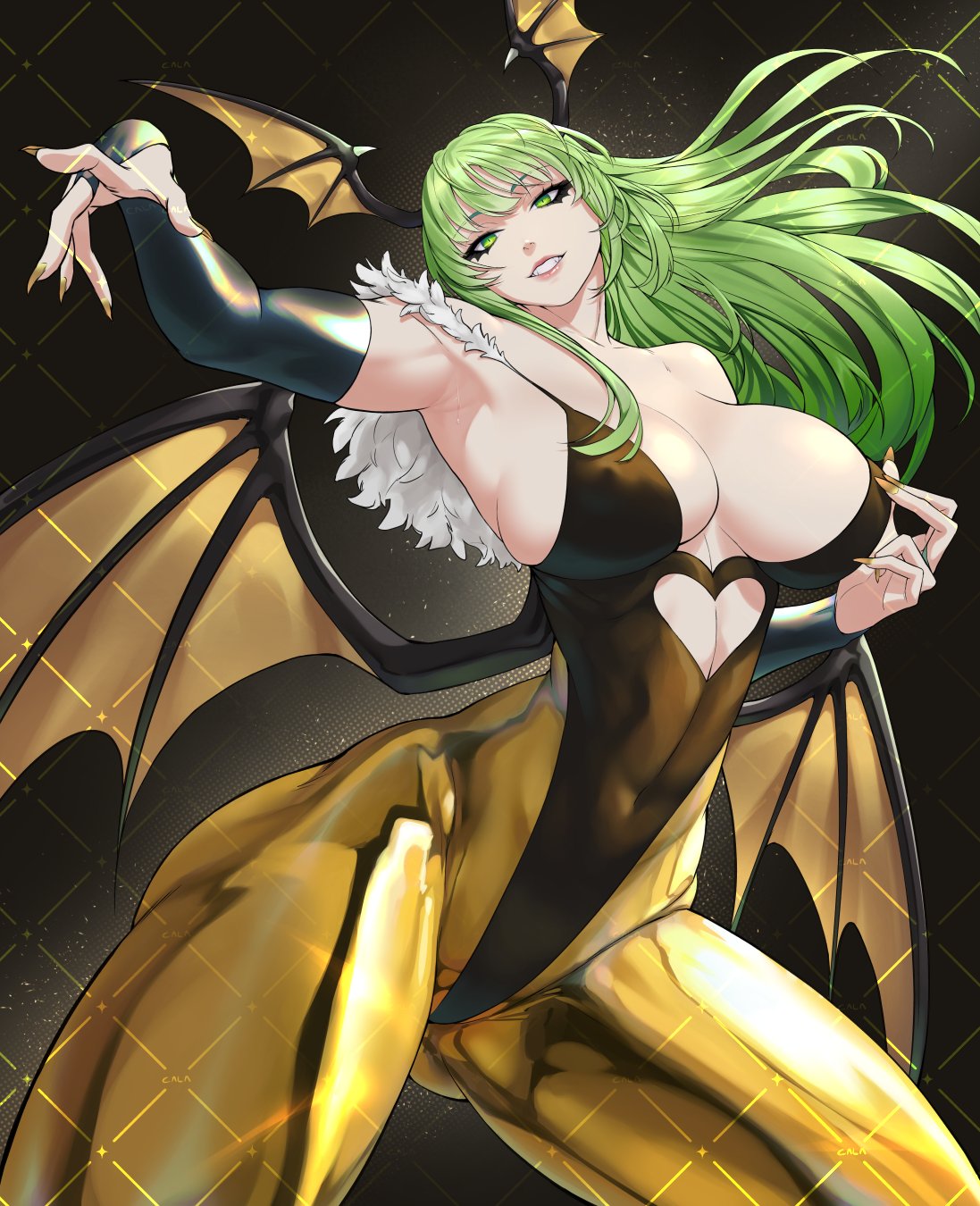 1girls armpits bare_shoulders bat_wings big_breasts busty calad_g capcom cleavage curvy darkstalkers gold_nails gold_outfit green_eyes green_hair light-skinned_female light_skin morrigan_aensland painted_nails small_waist succubus thick_thighs thighs tight_clothing wings