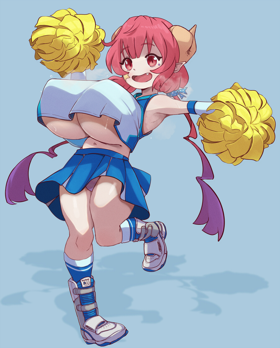 1girls big_breasts cheerleader cheerleader_uniform female female_only horns ilulu_(dragon_maid) large_breasts leokingdom miss_kobayashi's_dragon_maid navel open_mouth panties pom_poms red_eyes red_hair skirt thick_thighs thighs underboob upskirt wide_hips