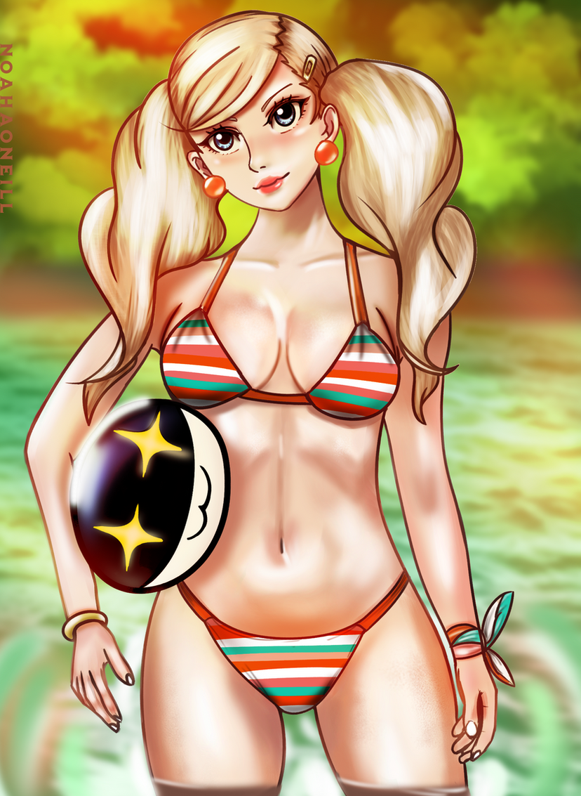 1girls ann_takamaki ball bikini blonde_hair blue_eyes bracelet breasts earrings hairclip holding_ball in_water looking_at_viewer medium_breasts midriff morgana_(persona) multicolored_bikini multicolored_swimsuit navel noahaoneill outside persona persona_5 striped_bikini striped_swimsuit swimsuit trees twintails water wrist_ribbon