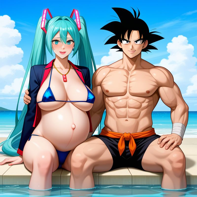 1boy1girl ai_generated dragon_ball dragon_ball_z female goku hatsune_miku male muscular pregnant son_goku water