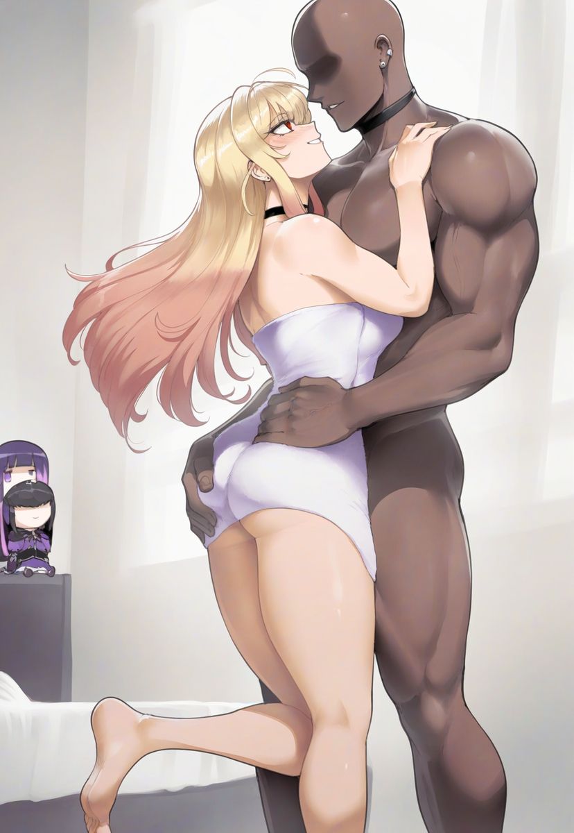 1boy, 1girls, ai generated, bare legs, bare thighs, big breasts, blonde hair, blush, breasts, dark skin, dark-skinned male, female, hi res, human, interracial, kissing, kitagawa marin, large breasts, light skin, light-skinned female, long hair, looking at viewer, male, male/female, meepking, mommy, muscles, muscular, muscular male, netorare, ntr, red eyes, sono bisque doll wa koi wo suru, tagme, thick thighs
