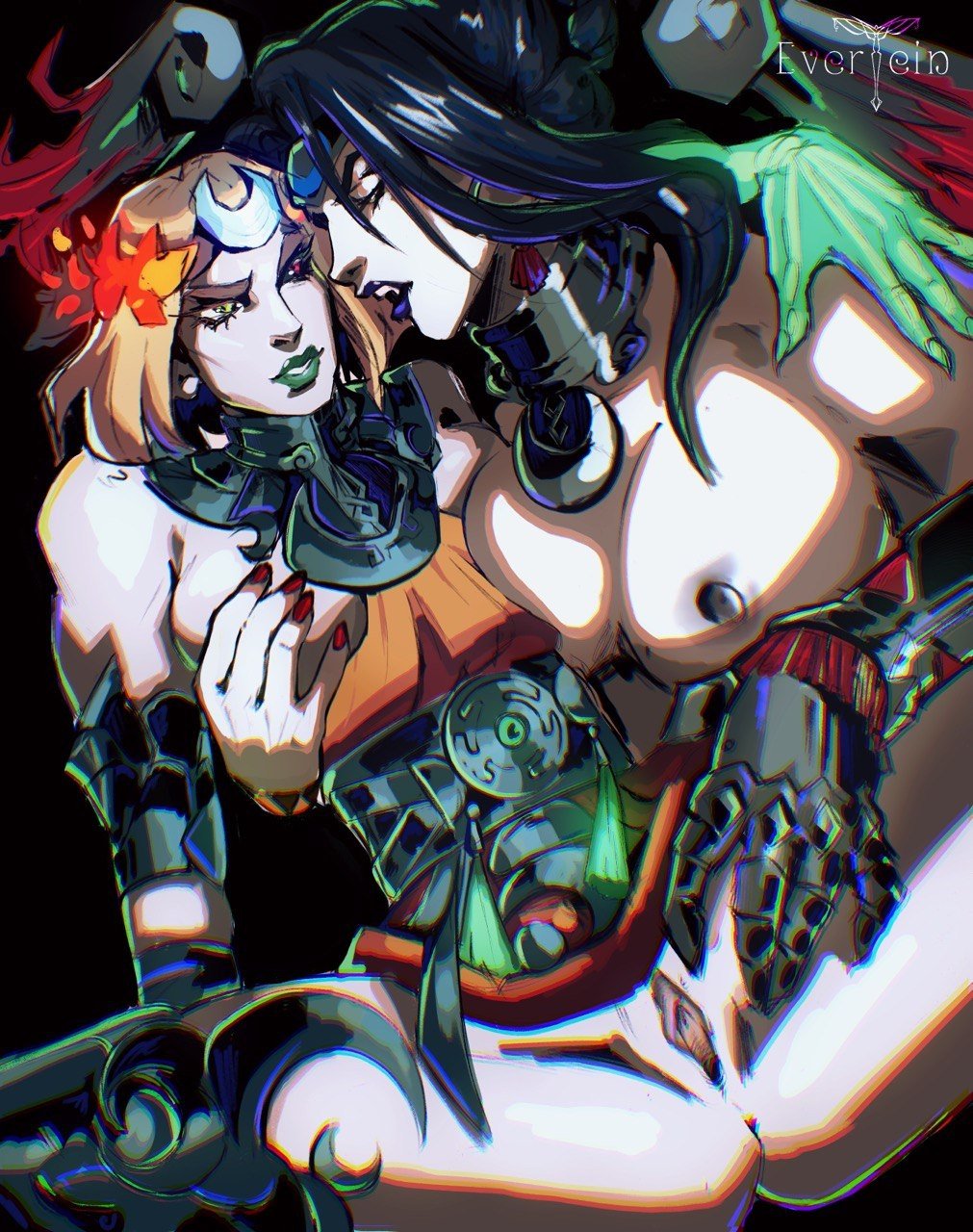 2girls armor black_hair colored_skin dark_nipples evertein gauntlets green_lips green_lipstick grey_skin hades_(game) hades_2 heterochromia highres imminent_fingering laurel_crown lipstick melinoe multiple_girls nail_polish nemesis_(hades) nipple_stimulation nipple_tweak nipples purple_lips purple_lipstick pussy red_nails see-through_body single_gauntlet skeletal_arm spread_legs yuri