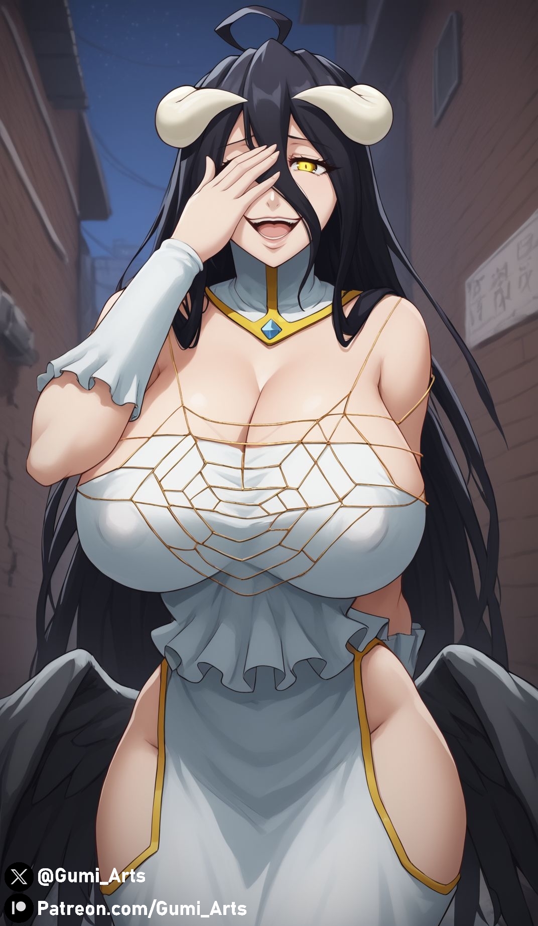 ai generated, albedo (overlord), alley, black hair, breasts, cleavage, covered nipples, covering face, demon, female, glowing eyes, gumi arts, horns, huge breasts, open mouth, outdoors, overlord (maruyama), stable diffusion, succubus, thick thighs, wide hips, yellow eyes