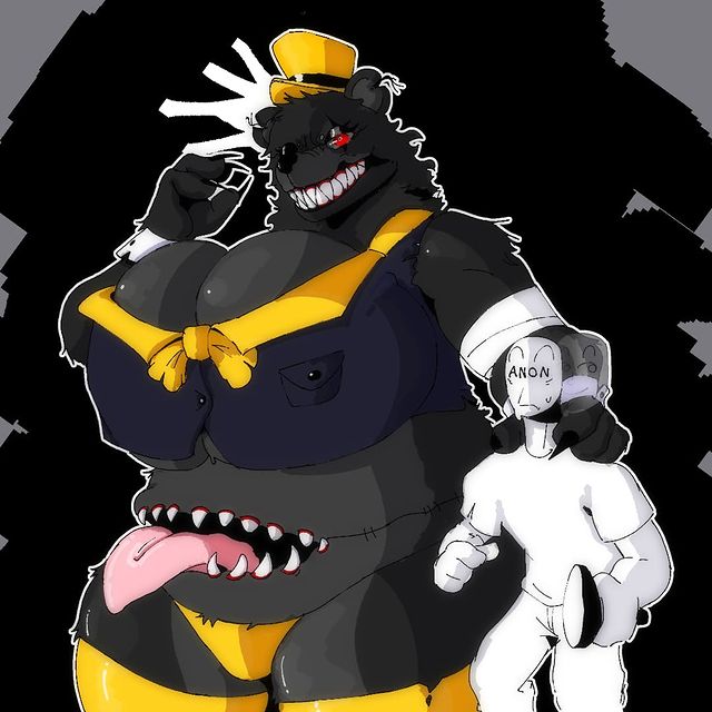 1anon 1girls animatronic anon anthro artist_request black_fur clothed clothing five_nights_at_freddy's five_nights_at_freddy's_4 furry height_difference huge_breasts huge_thighs large_breasts nightmare_(fnaf) nightmare_fredbear_(fnaf) rule_63 size_difference thick_thighs tophat voluptuous voluptuous_female wide_hips