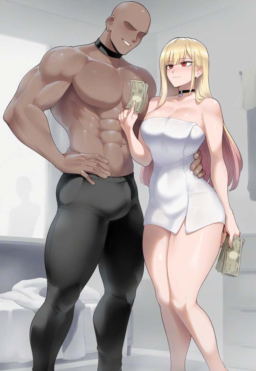 1boy 1girls ai_generated bare_legs bare_thighs big_breasts blonde_hair blush bulge dark-skinned_male dark_skin female hi_res human interracial kitagawa_marin large_breasts light-skinned_female light_skin long_hair looking_at_viewer male male/female meepking mommy muscles muscular muscular_male netorare ntr recording red_eyes sono_bisque_doll_wa_koi_wo_suru tagme thick_thighs