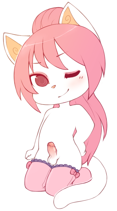 anthro artemis_tsukino balls chibi cute erection feline fur girly hair kneeling legwear long_hair male mammal milksheep nude one_eye_closed penis pink_eyes pink_hair small_penis smile solo tktktk toony white_fur wink