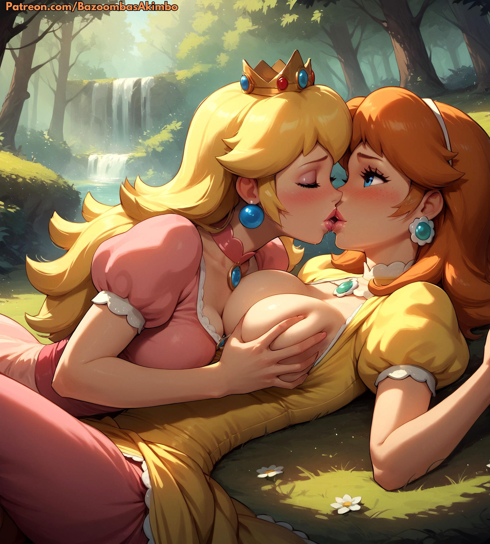 2girls, ai generated, artist name, bazoombasakimbo, blonde hair, blue eyes, blush, breasts, brown hair, chocker, closed eyes, clothing, crown, dress, earrings, female, female only, fondling breast, hairband, jewelry, kissing, mario (series), medium breasts, multiple females, multiple girls, nintendo, princess daisy, princess peach, web address, yuri