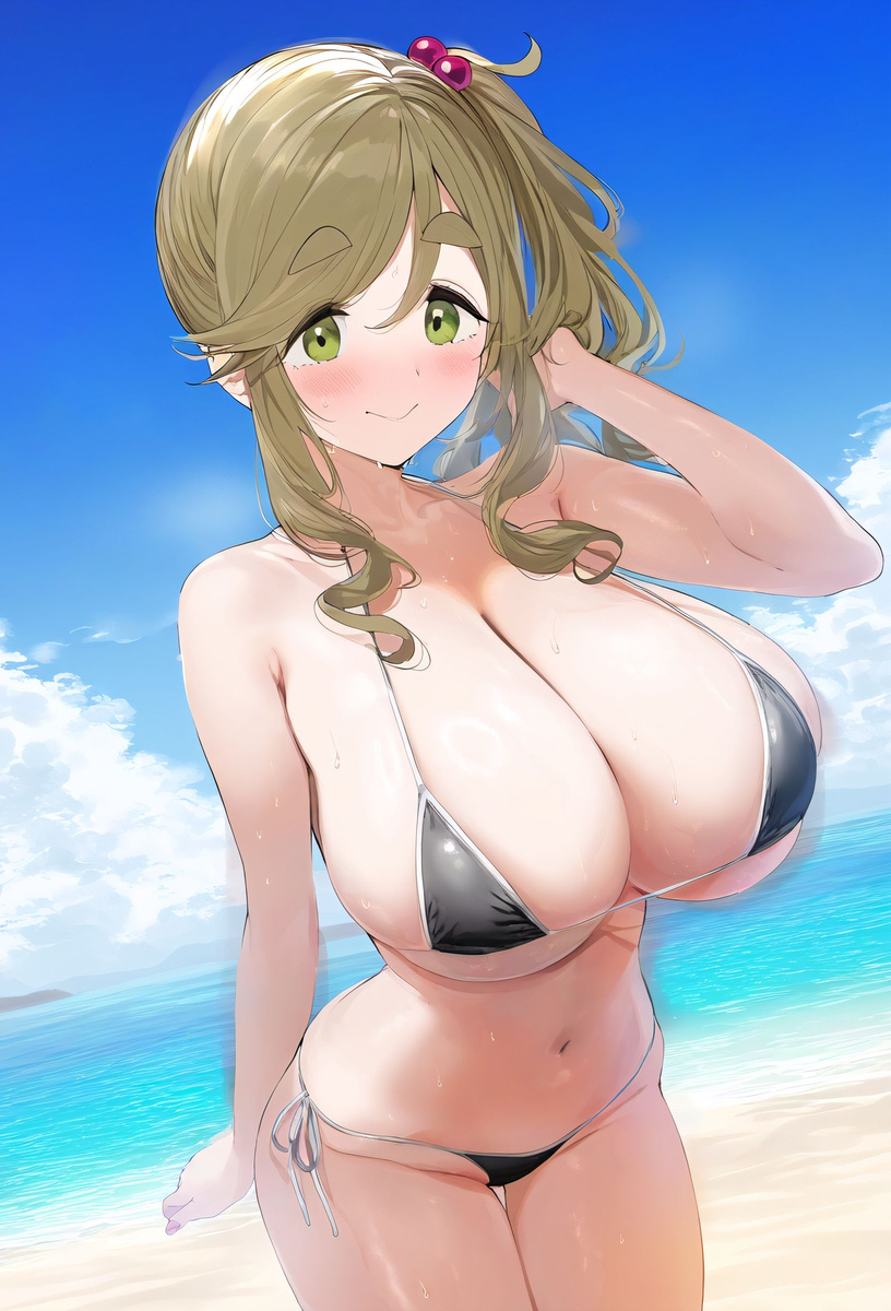 ai_generated artist_request beach beige_hair big_breasts bikini bikini_top blush green_eyes huge_breasts inuyama_aoi large_breasts light-skinned_female light_skin looking_at_viewer side_ponytail smiling stable_diffusion voluptuous voluptuous_female yurucamp