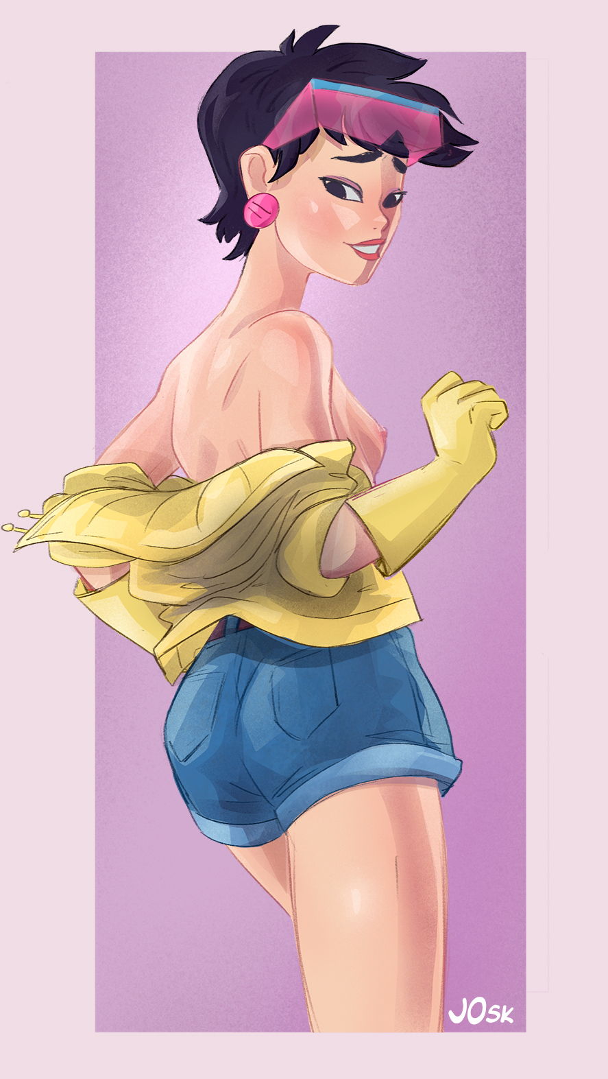 1girls alternate_version_available black_hair breasts denim_shorts earrings from_behind gloves jacket jonasosk jubilation_lee jubilee looking_back marvel off_shoulder short_hair shorts small_breasts sunglasses_on_head x-men